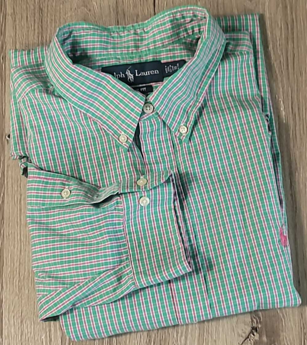 Ralph Lauren Polo Men's Classic Fit Long Sleeve Green Pink Check Shirt 18 34/35